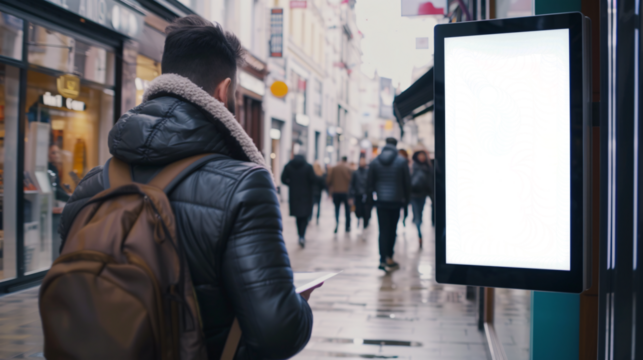 busy areas, districts, vertical and horizontal displays showcase advertisements, their screens cut out with alpha channel 