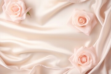 Three soft pink roses nestled in flowing satin folds. Delicate Pink Roses Draped on Satin Fabric