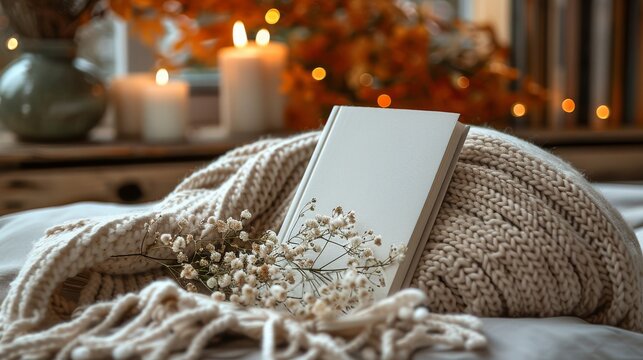 A book on a white background with a cream colored cloth and white flowers.