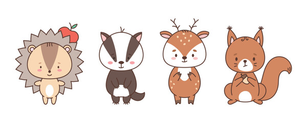 Obraz premium Set of cute forest animals hedgehog, badger, deer, squirrel. Cute animals in kawaii style. Drawings for children. vector illustration