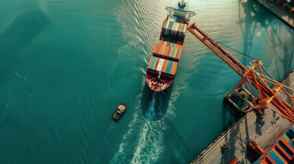 Logistics and transportation of a container ship with bridge crane working in the port during the day.