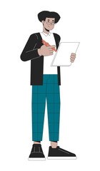 Eyeglasses latino office worker 2D linear cartoon character. Young adult hispanic corporate employee isolated line vector person white background. Team member paperwork color flat spot illustration