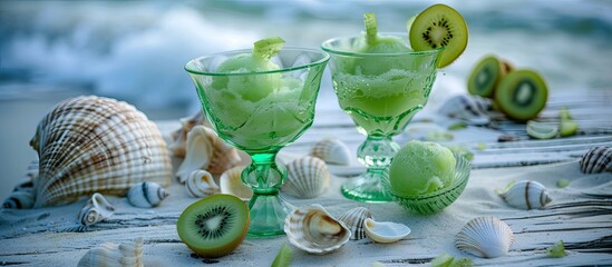 A table is seen with two vintage green glass cups filled with a vibrant green liquid. The glasses are adorned with kiwi sorbet balls, set on a sandy beach plank decorated with seashells.