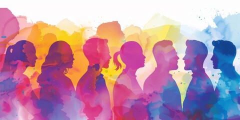 Colorful upper body silhouettes of different working people as human resources and inclusion concept - obrazy, fototapety, plakaty