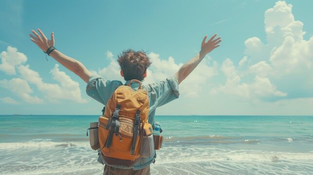 A happy male stands on the beach with arms raised. A delightful tourist is enjoying summer vacation by the sea.