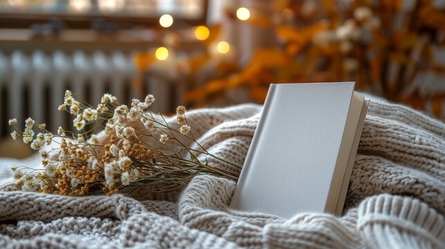 A book on a white background with a cream colored cloth and white flowers.