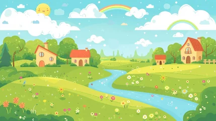Poster cartoon houses with rainbow and river illustration. © Yahor Shylau 