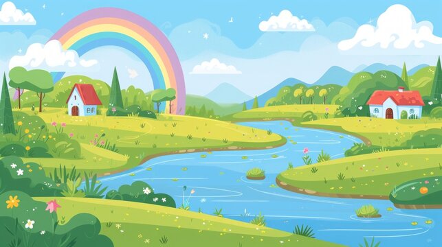 cartoon houses with rainbow and river illustration.