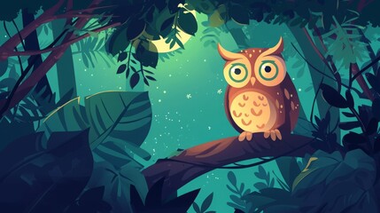 owl in fairy forest with moon illustration.