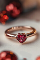 A rose gold ring with a love shaped ruby