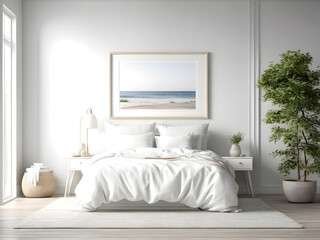 Fototapeta na wymiar Mock up frame in home interior background, beige room with minimal decor, 3d render