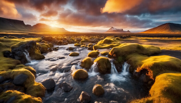 Scena Magica- Vista del Tramonto e del Paesaggio Idilliaco presso le Sorgenti Termali Islandesi