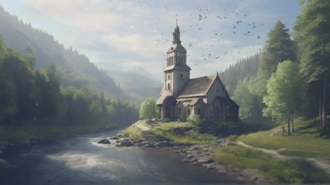 church in the mountains. 4k animation video