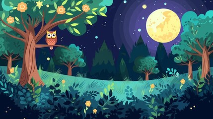 owl in fairy forest with moon illustration.