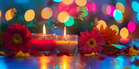 Diya lights lamps on multicolored rangoli,Happy diwali burning diya oil lamps and flowers on blue background traditional indian festival of light
