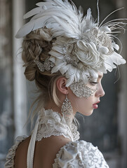 Young woman with ornate white feather headpiece and lace attire in a vintage style profile portrait. Elegant studio photography with a focus on historical fashion.