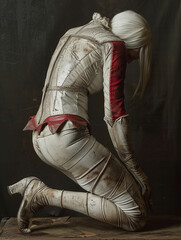 Person in a distressed white and red costume kneeling on a wooden floor against a dark backdrop. Artistic studio shot with a focus on theatrical costume design.