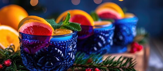 Decorative blue glasses hold mulled wine. Assorted fruits like orange, grapefruit, lemon, pomegranate, and mint add vibrant colors. Spruce branches and a wooden material provide a side view decoration