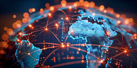 Digital world globe centered on Africa and South America, concept of global network and connectivity on Earth, data transfer and technology, information exchange and international telecommunication