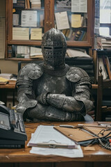 A man dresses up as a knight in an office