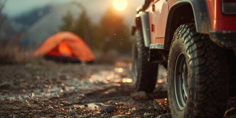 off road vehicle,Camping tent close up concept of traveling on dirt roads on an off-road vehicle.
 - obrazy, fototapety, plakaty