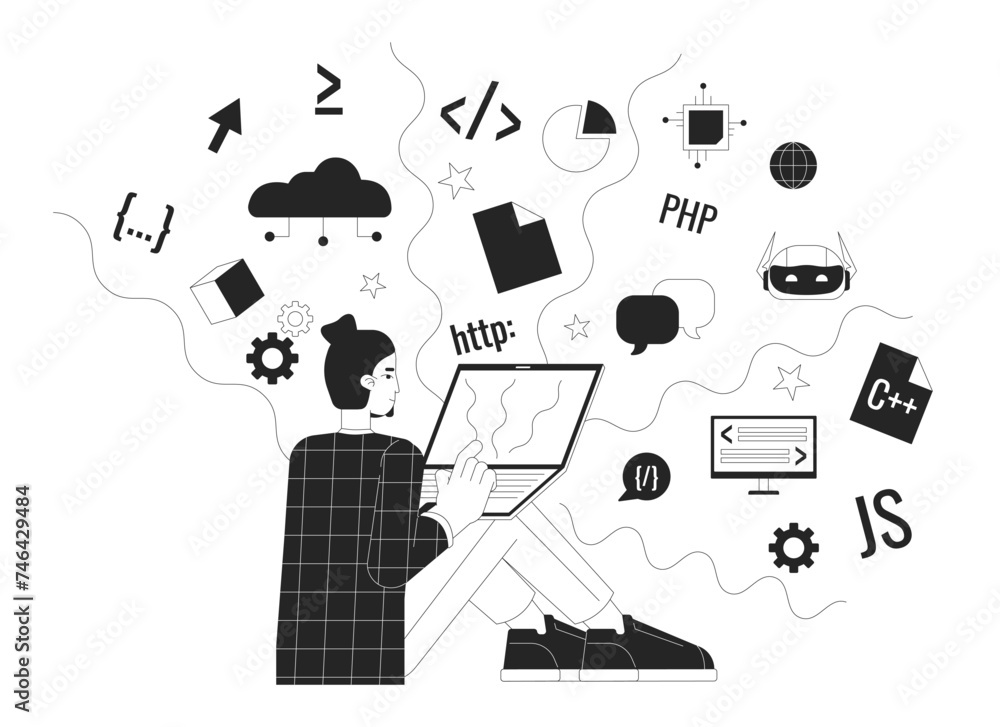 Poster development world black and white 2d illustration concept. coding process. programmer with laptop ca