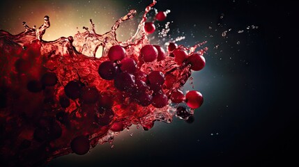 Splashing red wine with red grape close up on dark background - obrazy, fototapety, plakaty