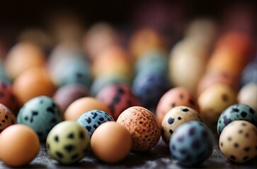 quail eggs grouped and lined out on rustic wooden table. colorful eggs on a table

