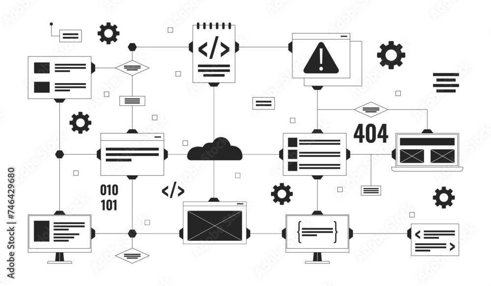 Poster computer network black and white 2d illustration concept. devices connection technology. digital dat