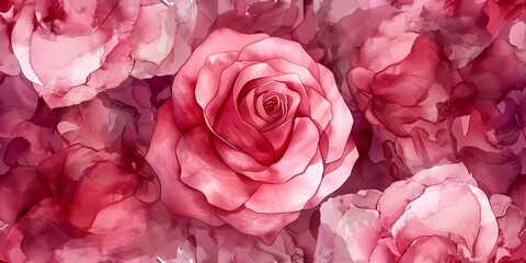 Watercolor pink rose on white background elegant spring floral illustration seamless background. Concept Watercolor Art, Pink Rose, White Background, Spring Floral, Seamless Pattern