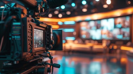 Close-up of a professional video camera in a television studio, with blurred lights and set in the background.
