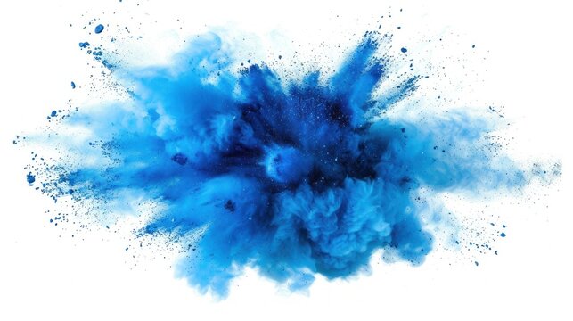 Abstract blue dust explosion on white background, Freeze motion of blue powder exploding