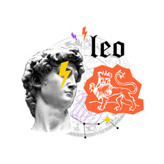 Zodiac astrology horoscope collage with cutout shape, doodle element. Leo. Popart collage grunge art. Retro halftone vintage effect. Greece modern face. Retro pop psychedelic esoteric horoscope