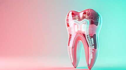 illustration of a tooth with integrated circuitry on a two-tone background, copy space
