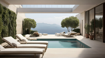 Luxury swimming pool and blue water. generative.ai - obrazy, fototapety, plakaty
