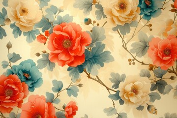 Colorful Floral Wallpaper with Red, Orange, and Blue Flowers on a Beige Background for Interior Design Inspiration