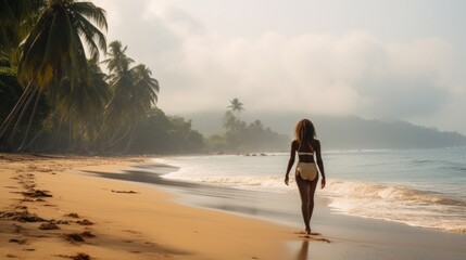 From afar, A distant View of a young African woman walking along a sandy beach in the sea against the background of Waves, Palm trees, the sky with clouds. Summer Holidays, Weekends, Travel endings. - obrazy, fototapety, plakaty