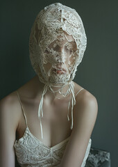Person with face obscured by lace fabric in artistic portrait. Ethereal aesthetic and hidden identity concept for fine art photography and design print