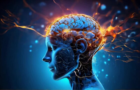 Illustration of of Human head with glowing neurons and Nervous system in the human brain on vibrant blue background. Science and medical health