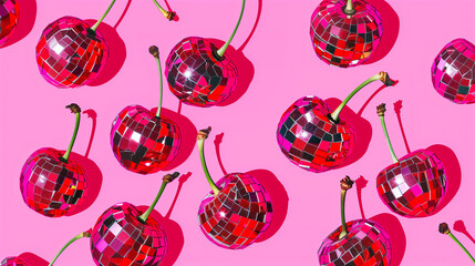 Bright disco sparkling vibrant red cherries on pink background. Top view. Summer fresh wallpaper.
