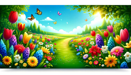 spring landscape with flowers and butterflies, an enchanting spring garden path, bursting with a colorful array of flowers and flittering butterflies under a clear blue sky - obrazy, fototapety, plakaty