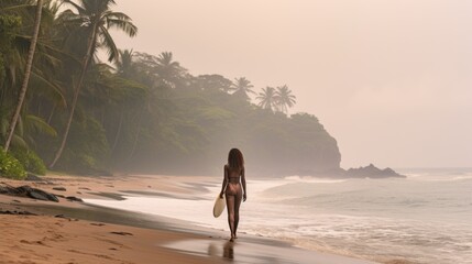 From afar, A distant View of a young African woman walking along a sandy beach in the sea against the background of Waves, Fog, Palm trees, Sky with clouds. Summer Holidays, Weekends, Travel endings. - obrazy, fototapety, plakaty