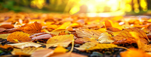 background with a close-up of fallen autumn leaves in the warm glow of golden hour sunlight, banner