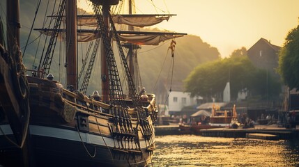 Pirate port overlooking old sailing ship Generative AI - obrazy, fototapety, plakaty