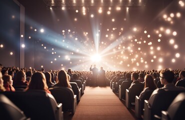 Fototapeta na wymiar Large audience watching movie in theatre
