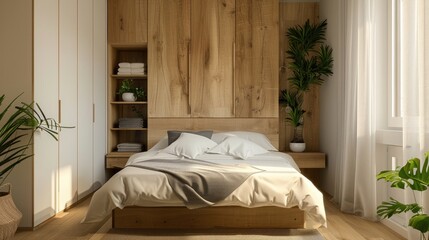 Next to the bed is a small wardrobe with drawers. Generative ai