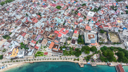 Aerial city view of area around the historic Stone Town, the oldest part of Zanzibar Town on Unjuja...