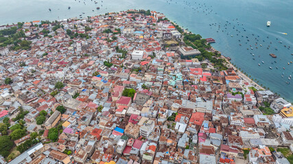Aerial city view of area around the historic Stone Town, the oldest part of Zanzibar Town on Unjuja...