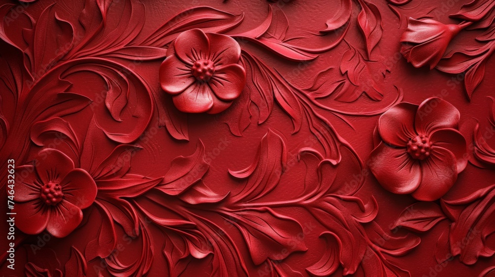 Wall mural red floral pattern on textured red background, vibrant 3d rendering with intricate detail and depth 