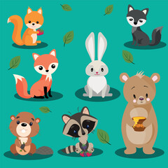 Vector children's illustration for young children.Forest animals. A set of fox, bear, wolf, hare, squirrel, raccoon and beaver.